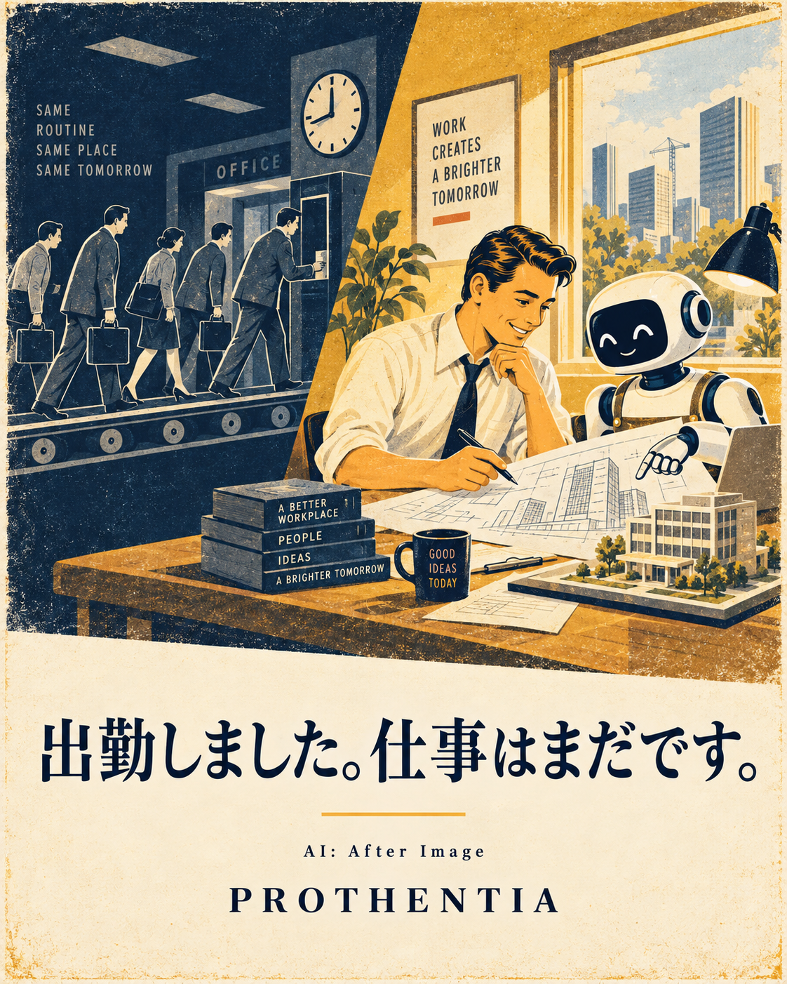 同じ場所へ運ばれる朝と、人とAIで何かをつくる時間。仕事の始まりを、二つの景色で描く。 作品内の言葉・署名を含む原作全体。